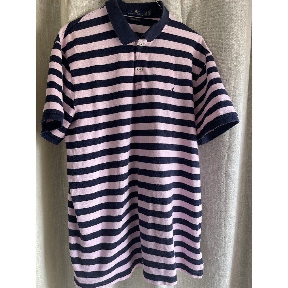 POLO Ralph Lauren Men's Custom Slim Fit Shirt XXL Pink Navy Stripes Short Sleeve
